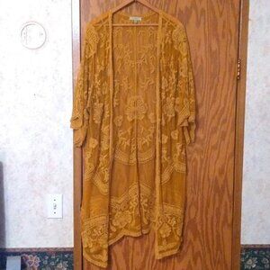Lace long kimono mustard cardigan